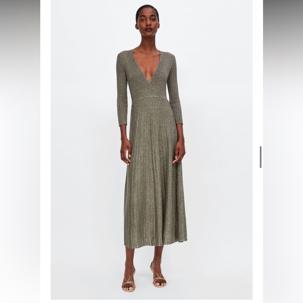 Zara Shimmery Gold Pleated Maxi Dress